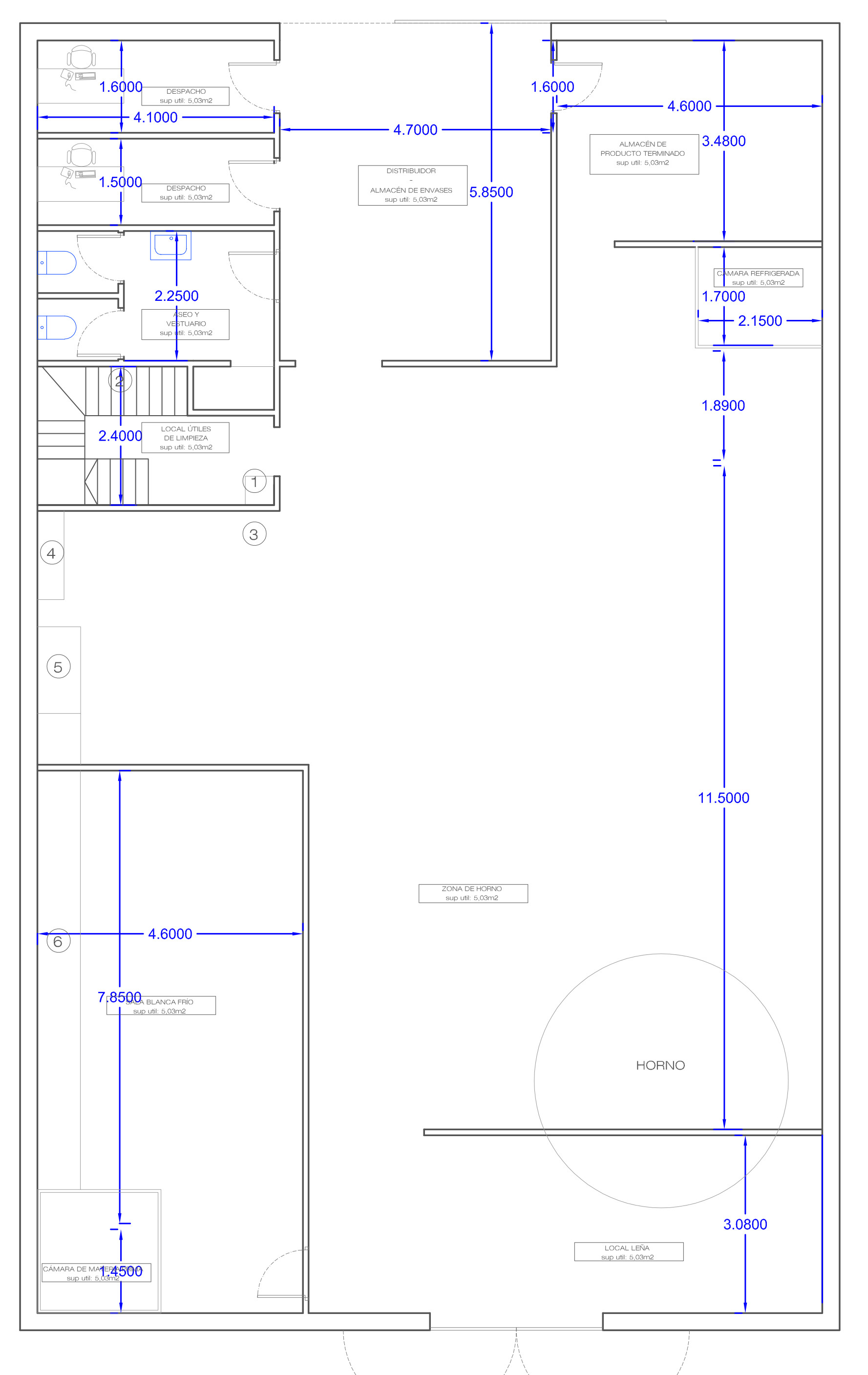 Croquis de la planta baja de dLeña Detalle de instalaciones de dLeña FoodLab